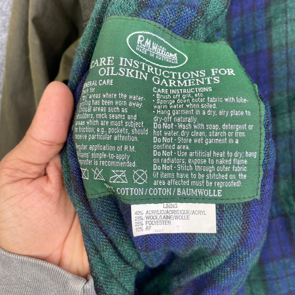 Rm Williams Mens Oilskin Jacket Waxed Cotton Leather Collar Green Plaid Lined L View 6
